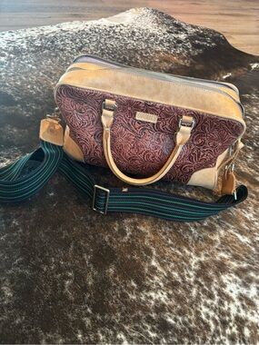 Consuela Tan & Brown Tooled Leather Crossbody Satchel with Striped Strap